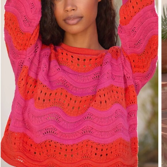 Anthropologie Striped Knit Sweater Top Pink Orange Cropped Size Large - Picture 2 of 5